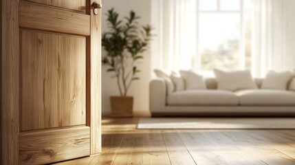 Opened wooden door leads to bright room, sofa set, modern decor, blurred background elements, natural light, clean and empty feel