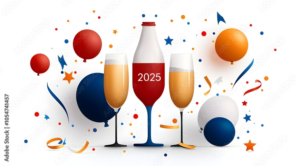 Aufkleber sleek and modern 2025 in geometric font surrounded by minimalist line art of stars streamers and cha