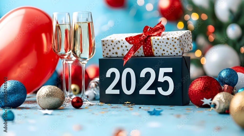 Aufkleber Sleek and minimalist geometric design featuring the number 2025 in a clean font complemented by line art of stars champagne glasses and balloons