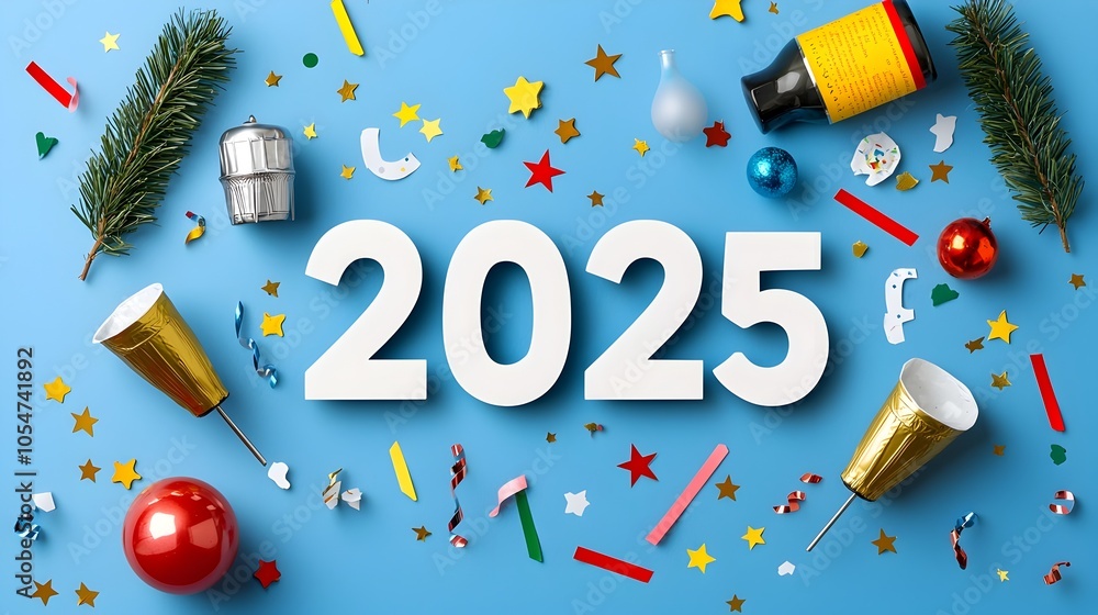 Leinwandbilder Stylish and modern 2025 text design in a sleek geometric font complemented by minimalist line art of celebratory elements like stars champagne glasses and streamers