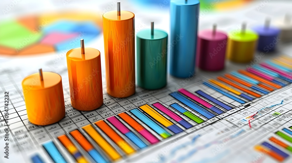 Poster Colorful and dynamic data analysis graph featuring intersecting line and bar chart visualizations set against a grid like background representing diverse data trends and insights
