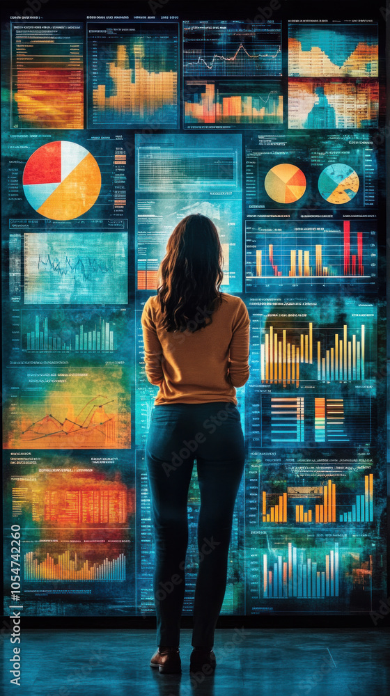 Poster a woman stands in front of a large monitor displaying a variety of colorful graphs and charts. conce