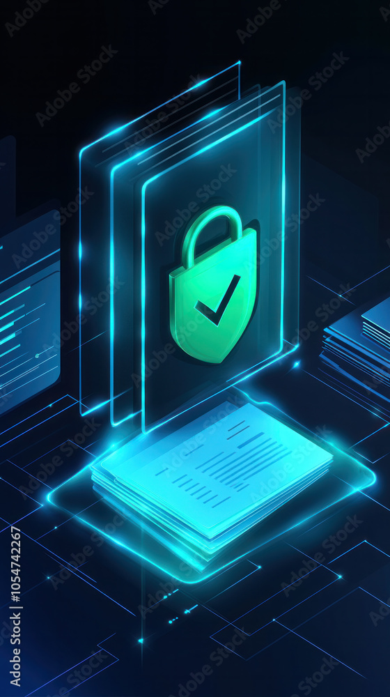 Poster a computer screen shows a green lock symbol with a check mark. concept of security and protection, a