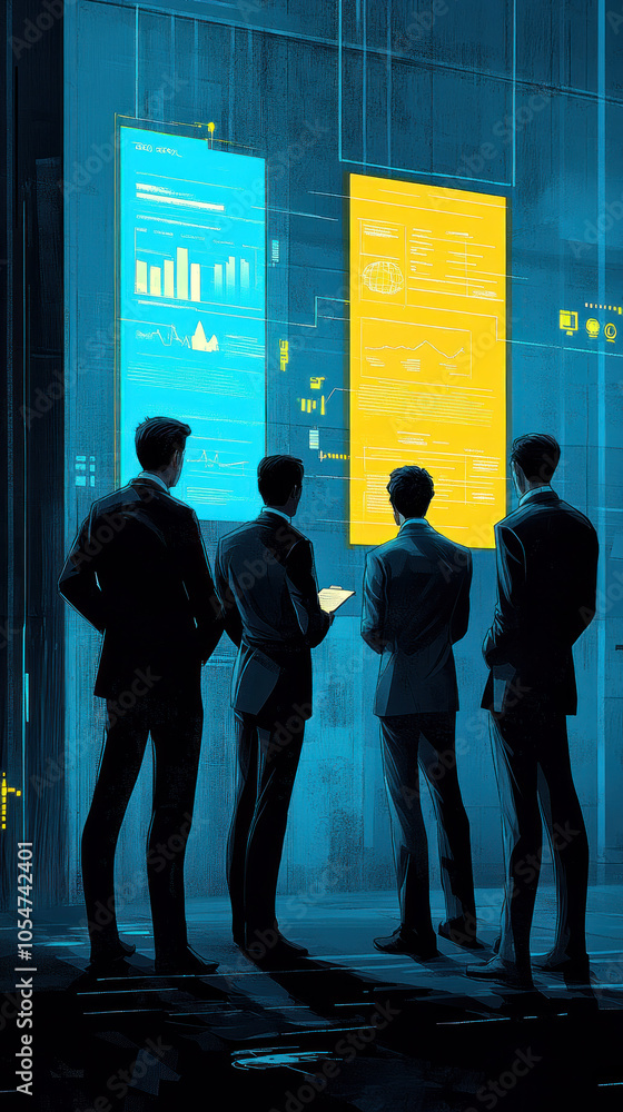 Poster a group of men are standing in front of two computer monitors, one of which is blue and the other ye