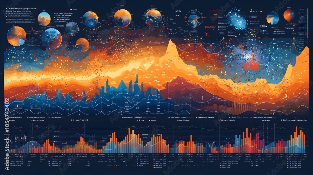 Poster Bold and Colorful Data Visualization Graph Layered with Multi Line Charts and Bar Charts on a Precise Grid Illustrating Detailed Data Trends for Analysis and Decision Making