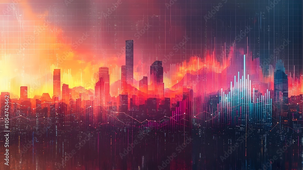 Fototapete Detailed and visually appealing graph featuring a complex overlay of colorful line charts and bar charts set against a clean white grid background