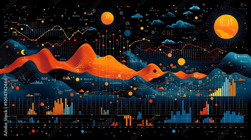 Poster Detailed and Colorful Multi Line and Bar Graph with Precise Grid Layering Illustrating Comprehensive Data Trends for Financial and Business Analytics