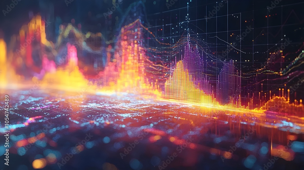 Poster Detailed multi layered data visualization infographic featuring colorful line charts and bar charts overlaid on a white grid background representing complex financial analysis and business insights
