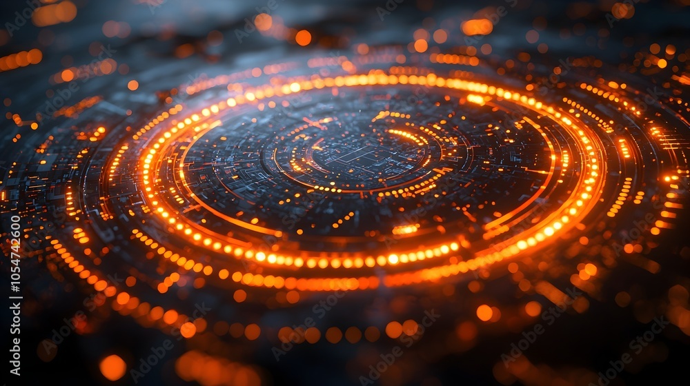 Poster Futuristic 3D rendered tech circle with glowing neon lights and digital elements against a dark background symbolizing big data and advanced technology