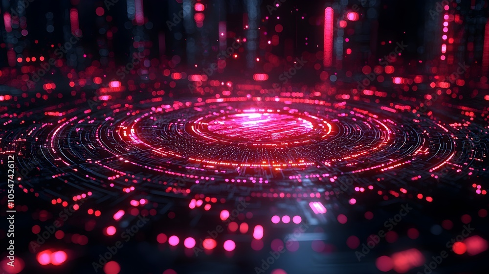 Leinwandbilder Futuristic 3D rendered tech circle with neon lights and digital elements glowing on a dark background and symbolizing big data technology and digital innovation