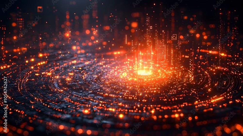 Fototapete Futuristic 3D rendered tech circle with glowing neon lights and digital elements on a dark background symbolizing big data technology and the future of innovation