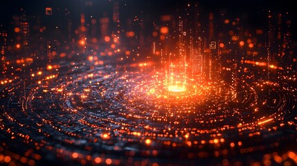 Futuristic 3D rendered tech circle with glowing neon lights and digital elements on a dark background symbolizing big data technology and the future of innovation