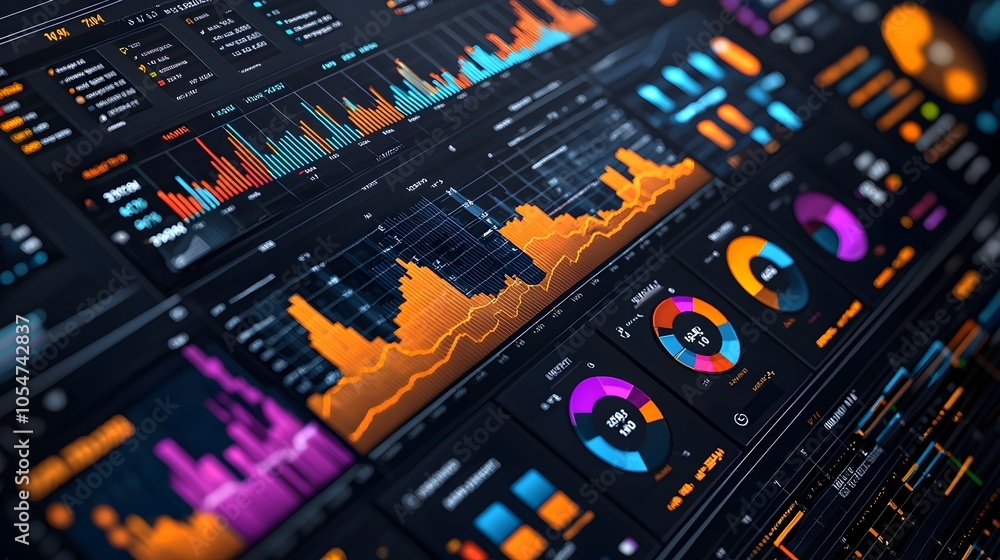Leinwandbilder Vibrant and detailed data visualization with overlaid line and bar charts set against a clean grid layout