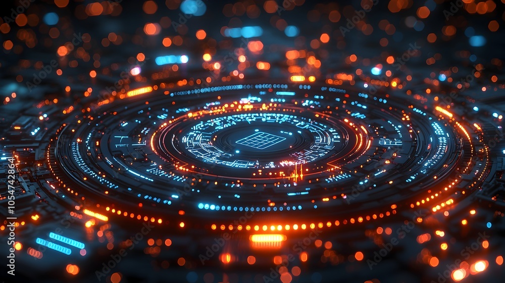Fototapete Futuristic 3D tech circle with glowing digital connections and data flows set on a dark backdrop representing the future of big data and technological advancement