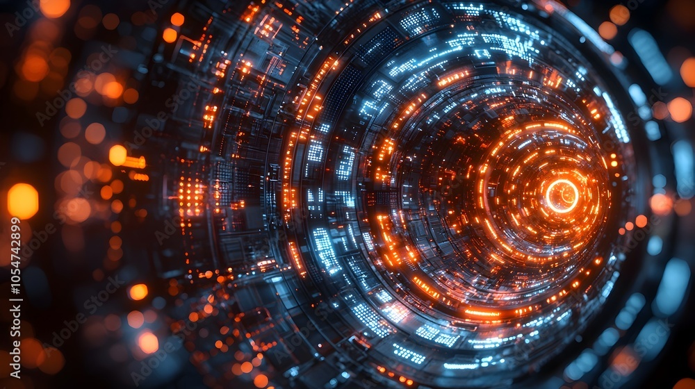 Aufkleber Futuristic abstract tech circle with glowing data streams and circuits floating on a dark backdrop representing advanced technology and big data in 3D