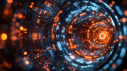 Futuristic abstract tech circle with glowing data streams and circuits floating on a dark backdrop representing advanced technology and big data in 3D
