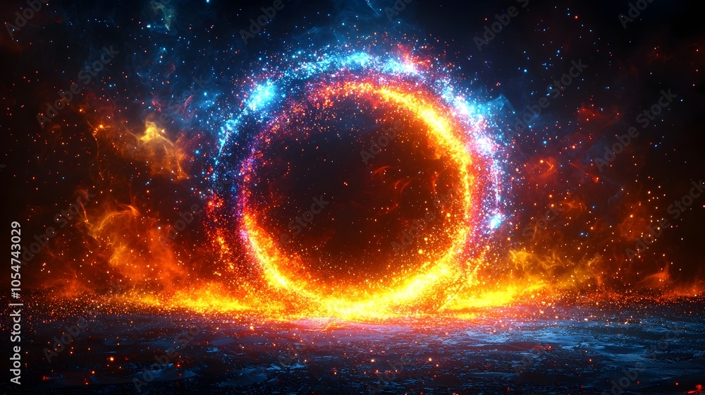 Aufkleber Futuristic digital circle with dynamic data points and glowing lines placed on a dark background showcasing innovative technology and big data concepts in a captivating 3D