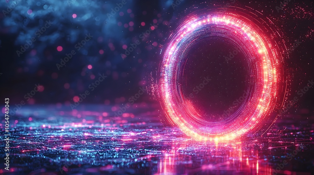 Aufkleber Abstract 3D digital tech circle with neon data points and smooth curves floating on a dark background capturing the essence of big data visualization and information technology