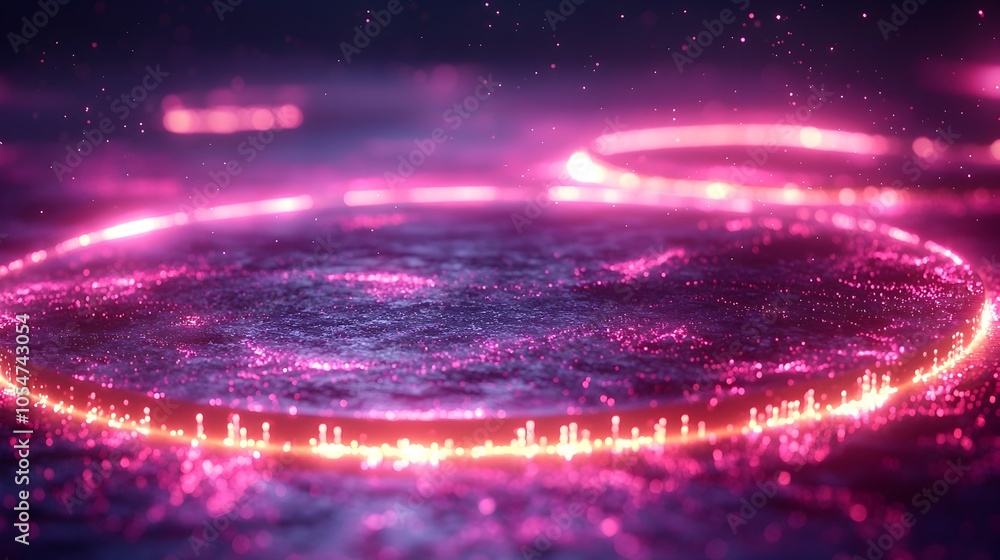 Aufkleber Captivating digital tech circle with neon data points and smooth curves floating on a dark background capturing the essence of big data and technological innovation in a sleek 3D design