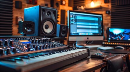 Close up of a professional midi keyboard synthesizer in a home recording studio with monitors and a computer showing audio tracks for mixing music production