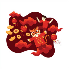 Title Vibrant Asian Celebration with Tiger, Person, Gold Coins, Lanterns in Red Clouds. Ideal for cultural and festive designs.