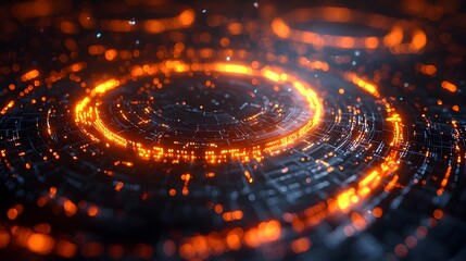 Glowing 3D Rendered Tech Circle Backdrop Representing Data Processing and Technological Innovation  Layered digital elements on a dark backdrop create a sleek futuristic