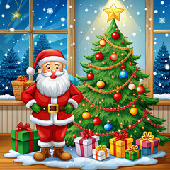 Christmas Day, Christmas celebration concept. Product display with gift boxes and decorate christmas tree on red background.