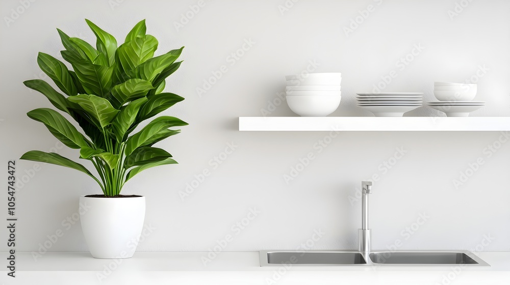 Poster bright and sophisticated kitchen interior with polished sink bar counter and neatly arranged kitchen