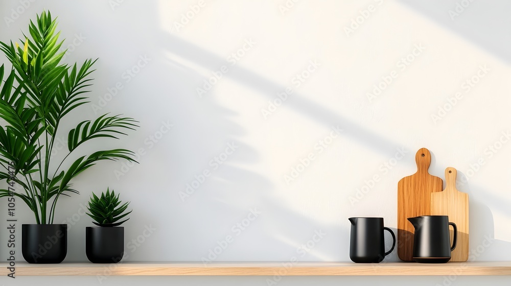Poster Bright and inviting modern kitchen with a stylish bar counter a deep sink and neatly arranged kitchenware on open shelves creating a clean and organized living space