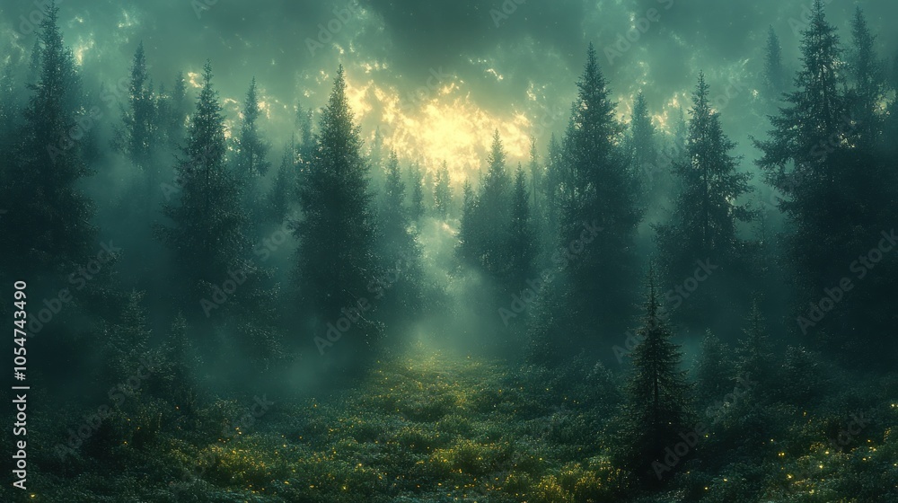 Poster misty forest with tall trees and ethereal light breaking through.