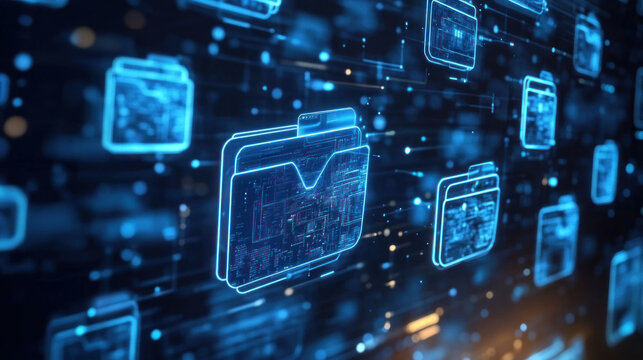 A computer screen shows a series of blue icons that resemble folders. Concept of organization and structure, as the folders are neatly arranged in a grid pattern