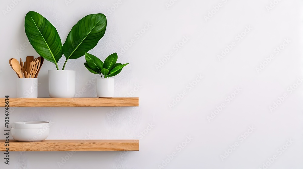 Poster Sleek and modern kitchen interior featuring a light toned color palette a polished sink and bar counter and neatly organized shelving displaying kitchenware