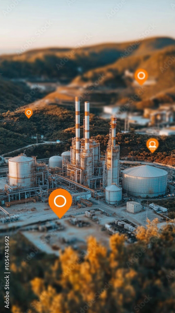 Poster a large industrial plant with a few orange markers on it. the markers are placed at different locati