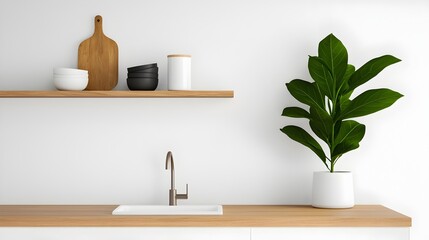 Bright and airy contemporary kitchen interior with a bar counter sink and open shelves filled with an assortment of kitchenware showcasing a clean and minimalist design ideal for imagery