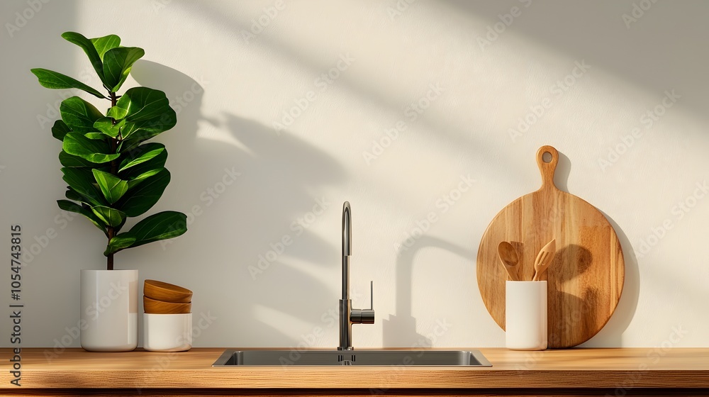 Poster beautifully designed modern kitchen featuring a clean minimalistic aesthetic with a gleaming sink op