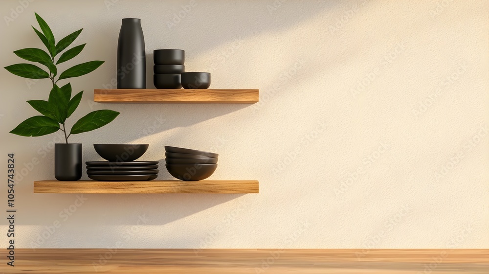 Poster Bright and Airy Modern Kitchen featuring a Minimalist Design with a Shiny Sink Open Shelves Displaying Cookware and Tableware and a Stylish Bar Counter Bathed in Soft Natural Light for a Clean