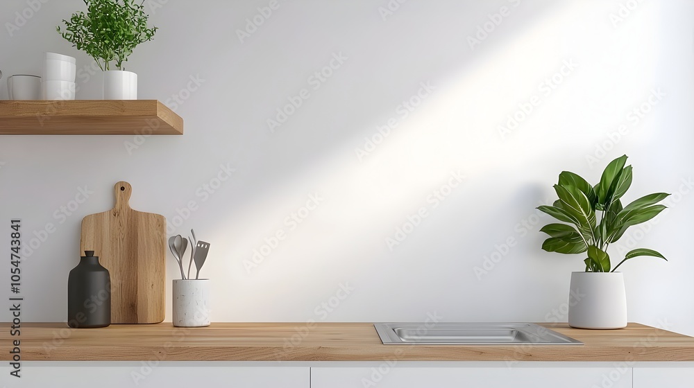 Poster bright and airy modern kitchen interior design with a bar counter sink and neatly arranged shelves d