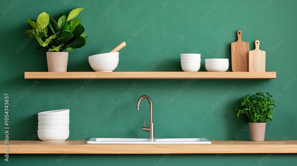 Aufkleber bright and spacious modern kitchen interior with a bar counter and sink shelves neatly displaying ki