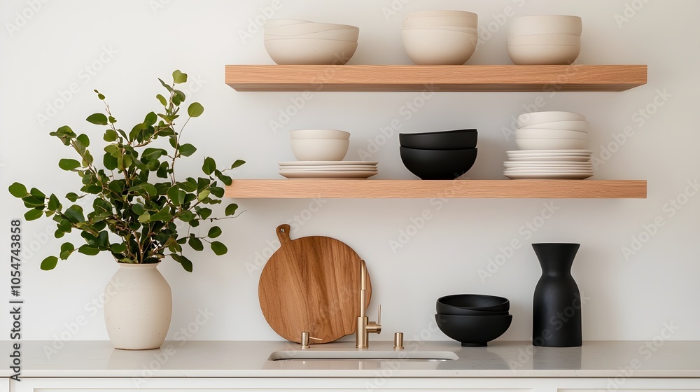 Poster elegant and minimalist light kitchen interior featuring a bar counter and sink with kitchenware neat