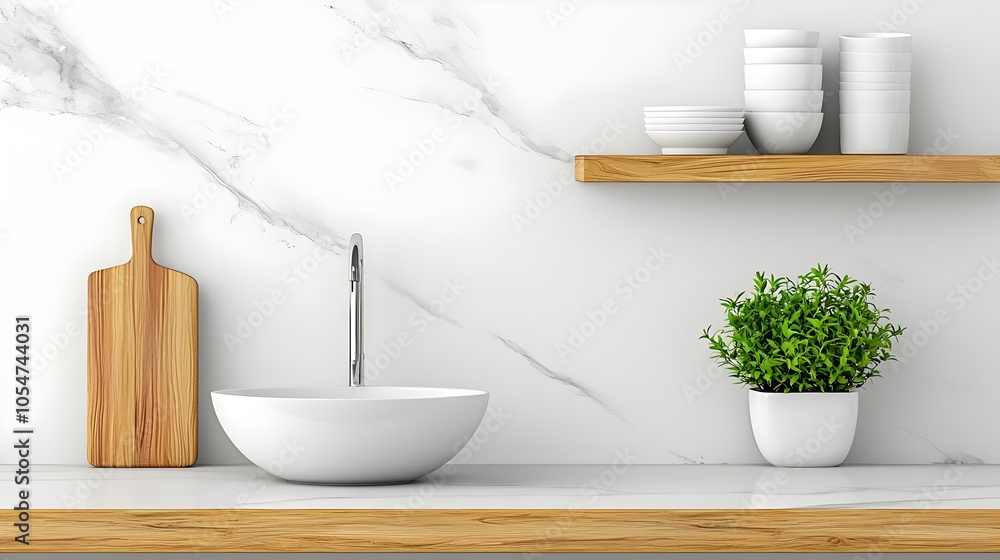 Poster airy and streamlined home kitchen interior with sleek bar counter modern sink and neatly arranged ki