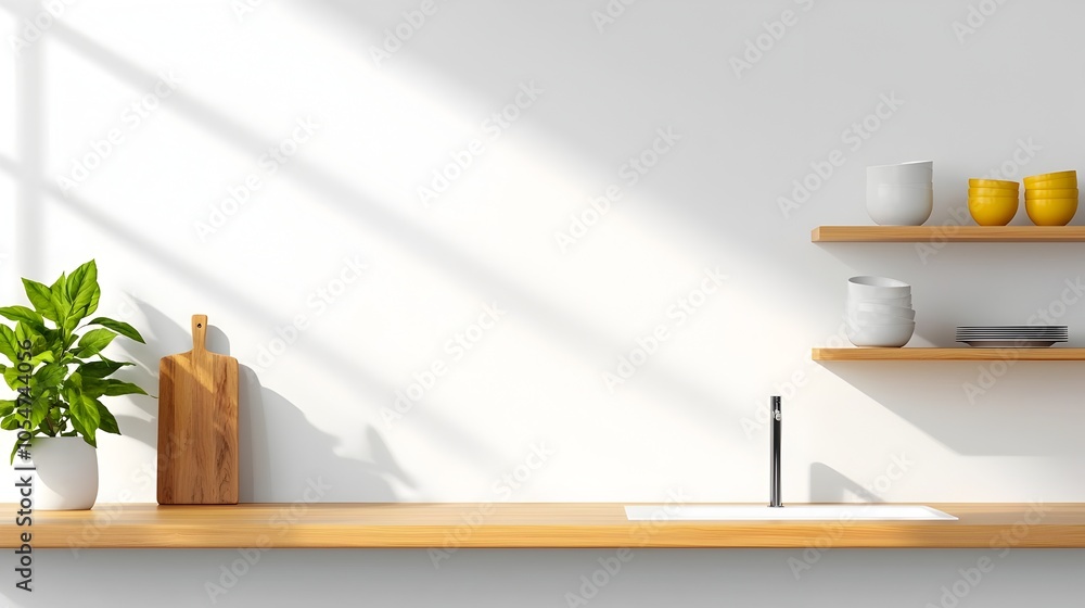 Poster bright and modern home kitchen interior featuring a sleek bar counter minimalist sink and neatly arr