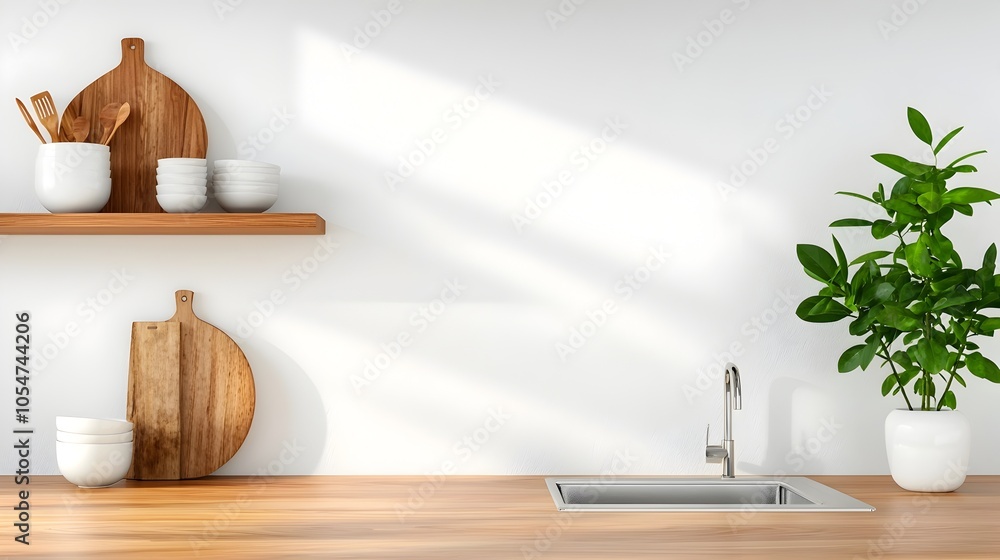 Poster Bright and airy modern kitchen interior with a spacious bar counter gleaming sink and open shelves displaying kitchenware creating a clean and inviting atmosphere for cooking and dining