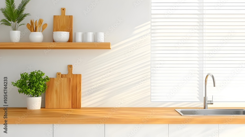 Poster Bright and airy modern kitchen with a spacious bar counter gleaming sink and open shelves displaying a variety of kitchenware creating a clean and contemporary atmosphere