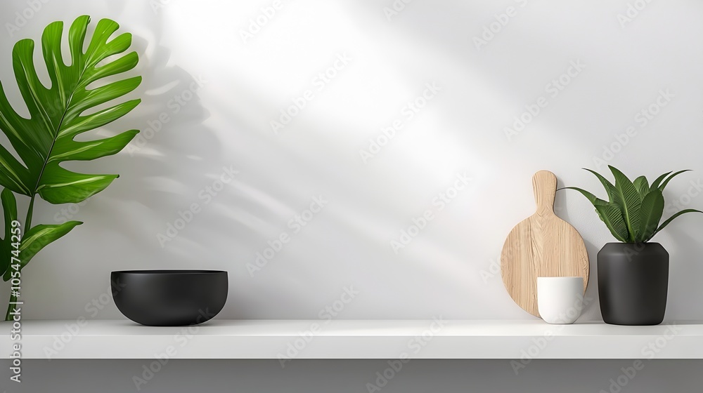 Poster Minimalist Kitchen Design with Sleek Bar Counter and Tidy Open Shelving Emphasizing a Fresh Clean Look for the Culinary Space