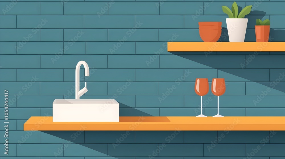 Poster bright and modern kitchen interior with a sleek bar counter minimalist sink and organized shelves fi