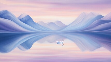 A single swan swims across a serene lake surrounded by mountains and a colorful sky.