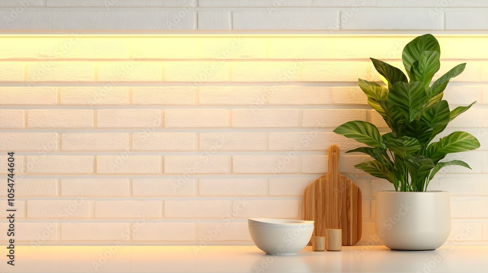 Poster cozy and inviting home kitchen with soft lighting sleek bar counter and neatly arranged kitchenware 