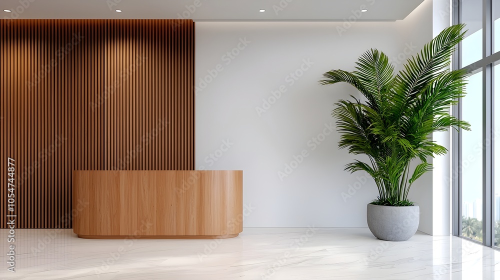 Poster Elegant and contemporary modern hotel lobby interior with a polished reception desk large panoramic windows and soft lighting creating a sophisticated and welcoming ambiance for guests