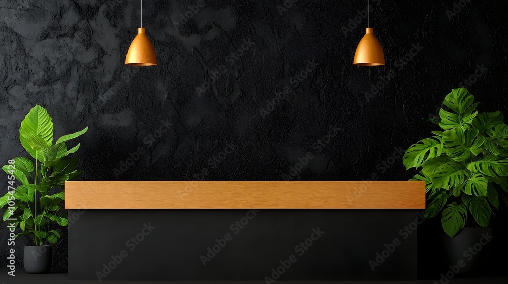 Poster luxurious modern hotel interior featuring a sleek reception desk and panoramic windows blending cont