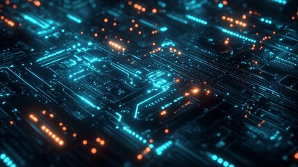 The highly exquisite futuristic circuit board pattern, with blue glowing lines on a dark background, creates a simple and high-tech visual effect, suitable for digital environments.
